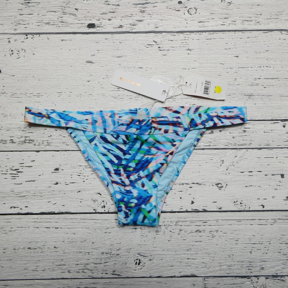 PilyQ Bikini Bottom Womens Medium Blue Multi Palmas Thin Band Swim Swimwear New‎